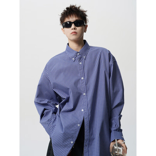OEMG high-end blue plaid long-sleeved shirt for men in summer and autumn American lapel trendy brand casual loose jacket blue XL recommended 110-130Jin Jin equals 0.5 kg