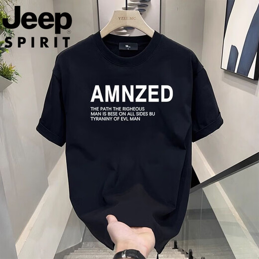 吉普（JEEP）短袖t恤男士夏季新款印花圆领宽松休闲运动吸汗透气体恤男装 723黑色【重磅纯.棉】 M 90-100斤