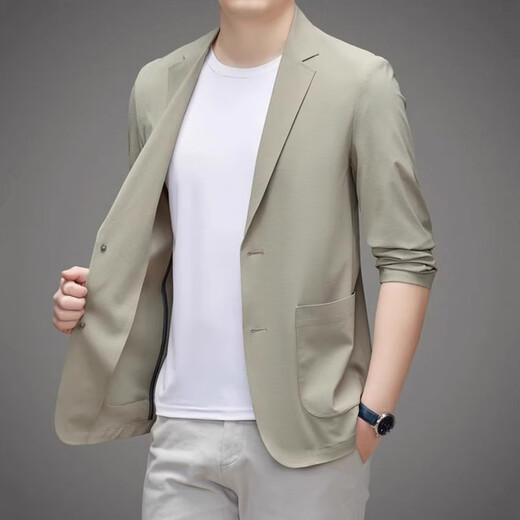 EQJ高档品牌冰丝高弹男士外套夏季新款纯色休闲轻薄款防晒西服 藏青 XL 适合150-170斤