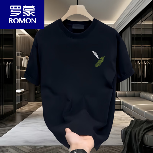 罗蒙（ROMON）男士短袖t恤夏季薄款潮牌宽松休闲印花半袖衣服男款重磅纯棉体恤 白色前左侧小图K1098 两片小羽毛 S 建议90-100斤