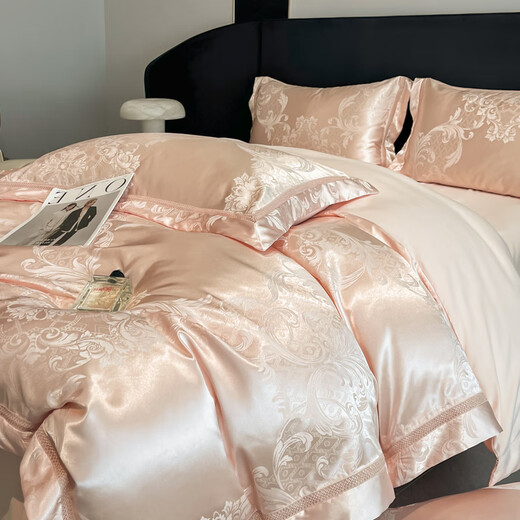 Mercury Series Advanced Class A 120 Thread Count Satin Jacquard Four-piece Set Light Luxury Cotton Quilt Cover Sheets Pure Cotton Super Soft Naked Sleeping Bedding Class A Super Soft Naked Sleeping-Muse-Champagne 2.0 Meter Bed Sheet Four-piece Set-Duvet Cover 220x240