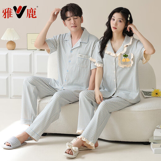 雅鹿情侣睡衣夏季莱卡纯棉短袖长裤卡通时尚高级感翻领男女家居服外穿 6227 M 女