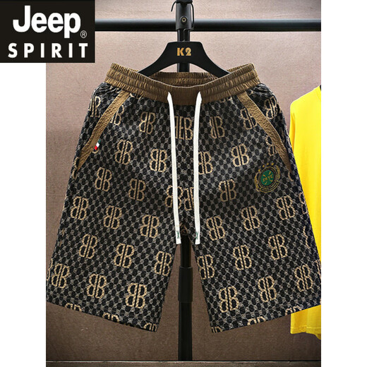 JEEP SPIRIT吉普夏季冰丝休闲短裤男士潮流篮球裤宽松凉感五分裤沙滩裤子男装 AY831黑咖色 XL (约120~135斤可穿)