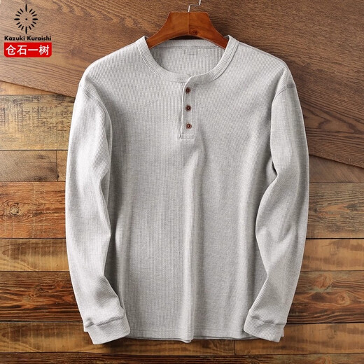 Kuraishi Kazuki waffle knitted bottoming long-sleeved T-shirt men's loose shirt Henry collar solid color casual inner top black L (150-170Jin Jin equals 0.5kg)