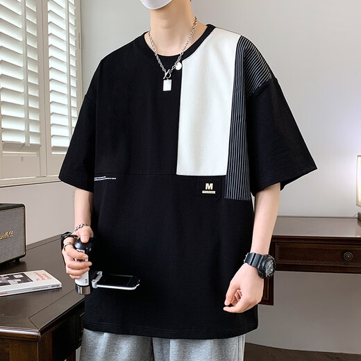 Vzvj großgröße kurzärmelige T-Shirt Herren Sommer Trendy Brand Runde Hals Weitversion Spleiß halb Ärmeln Teenager Loose Casual Casual Fünf-Punkte-T-Shirt T D695 Weiß M-Größe 90-110jin [Jin gleich 0,5 kg]