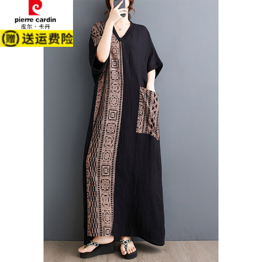 皮尔卡丹（pierre cardin）胖MM薄棉麻印花拼接遮肚显瘦v领短袖撞色长款连衣裙 9856#蓝色拼接 均码 大100-200斤