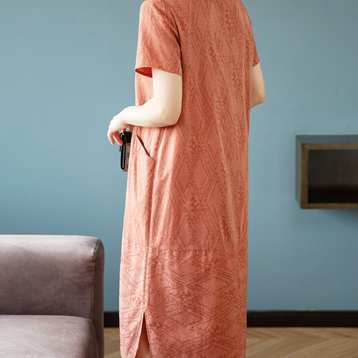 Hengyuanxiang Coton décontracté et lin Robe à manches courtes pour femmes en été 2025 Nouveau tempérament Mère Suit de grande taille Loose Skut Jupe Orange Red S