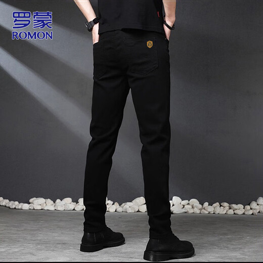 ROMON jeans men's autumn and winter business casual straight trousers men's stretch slim pants black 32