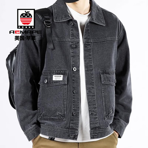 AEMAPE Men's Denim Jacket Men's Spring and Autumn 2025 New Men's Loose Large Size Youth Workwear Jacket Men's Top Men's MS301 Black Gray Regular XL Recommendation 150-170Jin Jin is equal to 0.5 kg