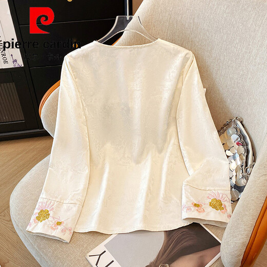 Pierre Cardin high-end brand new Chinese style silk embroidered shirt women's long-sleeved bottoming shirt autumn and winter new loose satin top Pierre Cardin white S (recommended 95Jin Jin equal to within 0.5kg)