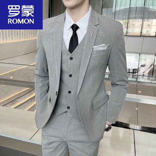 ROMON suit men's three-piece Korean style business casual suit groomsmen groomsmen wedding dress professional formal suit blue one-piece suit tie, belt XL
