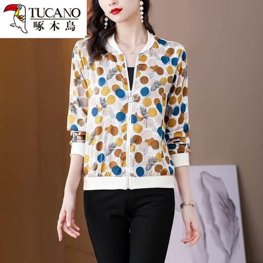 Woodpecker beautiful top mother suit spring and summer chiffon sunscreen clothes for women with fashionable polka dot printed zipper cardigan baseball uniform 8043 colors 2XL