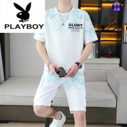 Playboy (Playboy) 2025 Sommer neuer kurzärmeliger Anzug für Männer Teenager vielseitige Shorts Casual Sports zweiteiler Set-Gradientenfarbe Herrenkleidung 6187 Grau 2xl