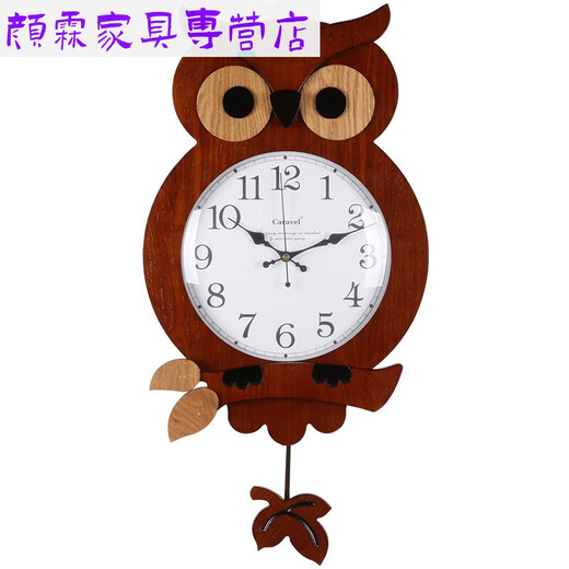 CLCEY创意时尚儿童房卡通客厅挂钟现代简约静音挂表时钟猫头鹰石英钟表 9214 c款原木霸王机芯 14英寸直径35.5厘米
