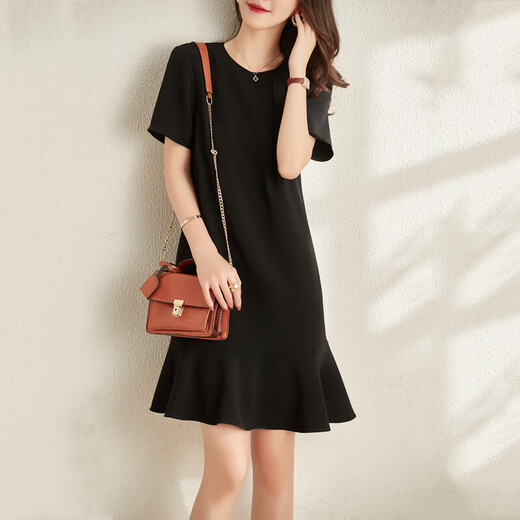 TOUCH MISS dress for women in summer new style, slim and round neck, casual and fashionable, high-end and versatile short-sleeved fishtail black dress, black (pre-sale) L