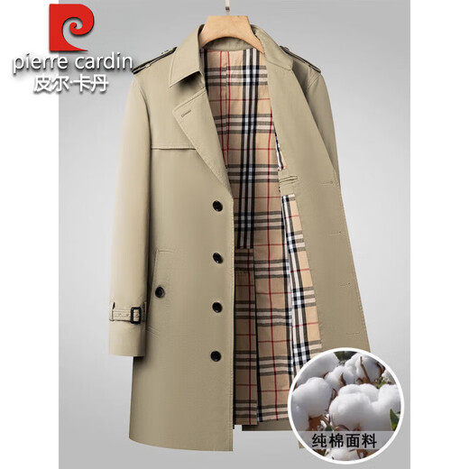 皮尔卡丹纯棉中长款风衣男2025春秋新款100%全棉英伦风西装领大衣休闲外套 黑色 L 175 130-145斤
