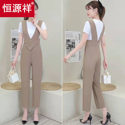 恒源祥背带裤套装女2025年夏季新款时尚洋气减龄高腰背带直筒裤两件套 黑色【两件套】 M 建议80-100斤