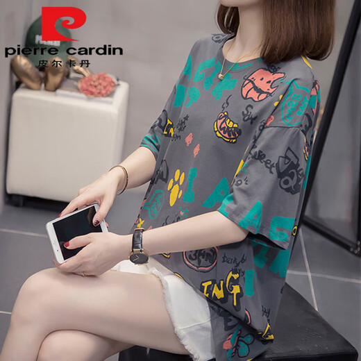 皮尔卡丹（pierre cardin）加大尺码胖m妹夏装新款纯棉短袖t恤女韩版胖妹妹百搭显瘦遮肚子上 6623灰色今年流行的轻奢品牌 M 80-95斤