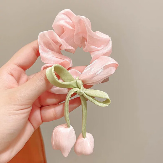 Garenbei's new spring-flavored shimmering tulip bow large intestine hair tie for girls, sweet and western style flower tassel hair tie, one pink + purple tulip hair tie