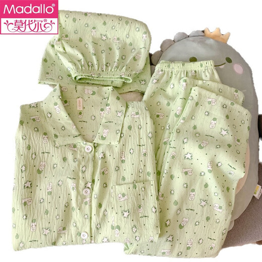 Modal green fresh pure cotton gauze pajamas for women in spring and summer short-sleeved student cute girl three-piece set home clothes Yunduo Cotton-9905# Black Love Three-piece Set M [Suggestion 75-100Jin [Jin equals 0.5 kg]]