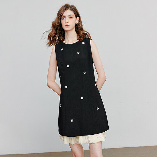 Diseño de empalme chuyu Flor de flores bordadas Falda de chaleco sin mangas para mujeres 2025 Summer NUEVO VESTO PEQUEÑO NEGRO M