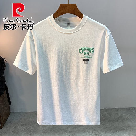 Pierre Cardin 2025 Nouvelle lettre d'ours en vrac imprimer le cou rond T-shirt à manches courtes pour hommes slim coton t-shirt à mi-manche blanc à la mode 6 JSW9922 m adapté à 90-108jin [Jin est égal à 0,5 kg]