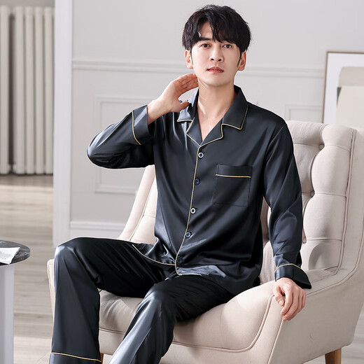 Le pyjamas de style Victoria Men's Ice Silk Spring and Summer Minure à manches longues fraîches peut être portée à l'extérieur pour l'âge moyen et l'imitation de la soie de la soie