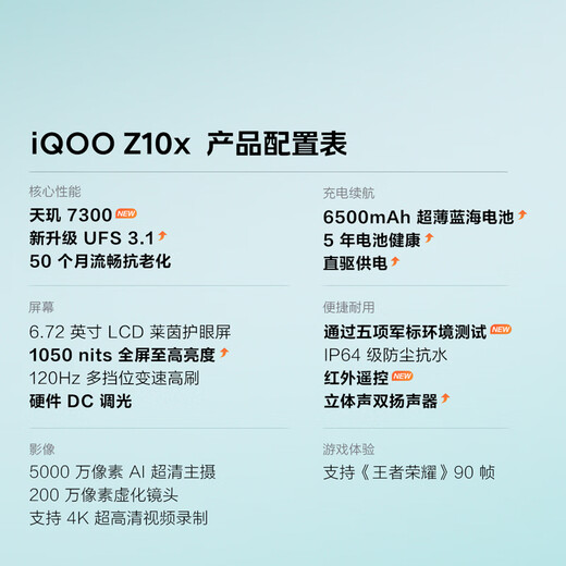 vivo iQOO Z10x 8GB+128GB 风羽青 6500mAh超薄蓝海电池 天玑7300 护眼LCD屏幕 电竞手机 国家补贴