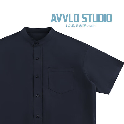 AVVLD summer henley collar short-sleeved shirt for men 2025 new pure cotton solid color loose simple casual boys shirt jacket navy blue 2XL