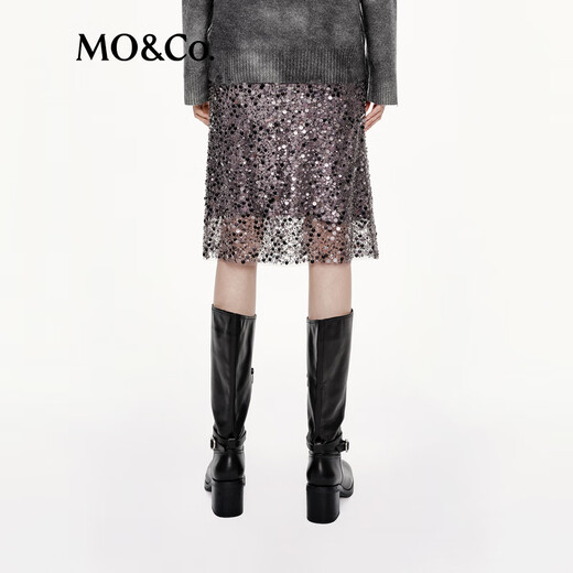 Mo/co. [C+ Series] Юбка 2025 Осенью новые продукты Seiko Sequin Beadered Patching Art MBE3SKT036 Silver Grey S S