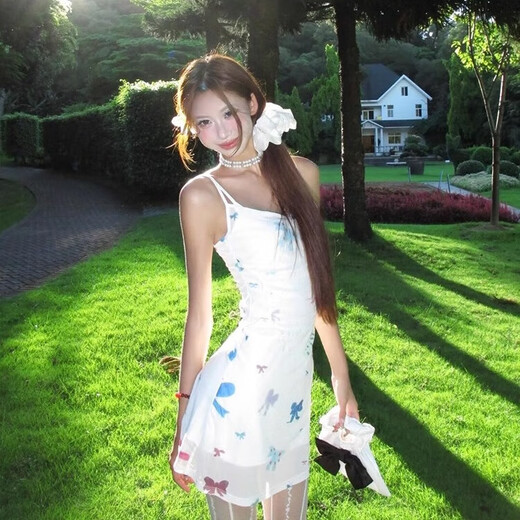 Dodinison Dating und Fischereistil sanftes weißes Schmetterling gedrucktes Kleid für Frauen Sommerdesign Kurzrock -Suspender Kleid gefälschte zwei Stücke weiße [geeignet für 95 Jin [Jin gleich 0,5 kg] unten]
