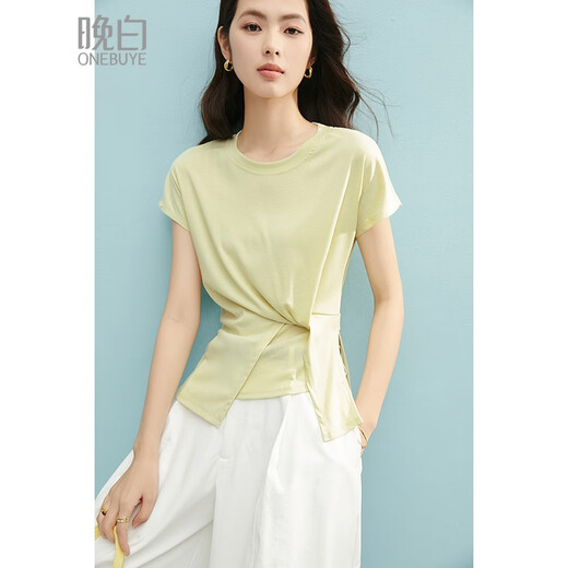 晚白【断码清仓】2025夏款奶黄色上衣圆领莱赛尔显白短袖t恤女 嫩黄色 S