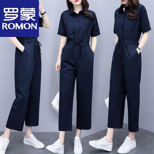 Romon (Romon) 2025 Sommer New Ice Seide Koreanische Version High-T-Kurzärmel-Jumpsuit Taille und schlanker modischer Gelegenheitsanzug Navy Blue S 85-95jin [Jin entspricht 0,5 kg]