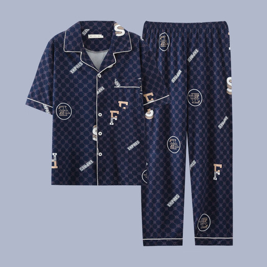 Heyu Herren-Pyjama-Herren-Kurzärmel-Sommer-Dünne Baumwoll-Pyjama-Pyjama-Herren-Feder- und Sommer-Kleidungsstück G3884 Blau (kurzärmelig) 195 4xl [Empfohlen 170-200jin [Jin gleich 0,5 kg]]