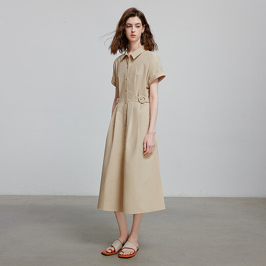 Erste Wörter cooler Laiber-Baumwoll-Hemdrock für Frauen 2025 Sommer Neuer Pendlerstil Schnürpreis-Hülle Kleid warme Aprikosenfarbe m