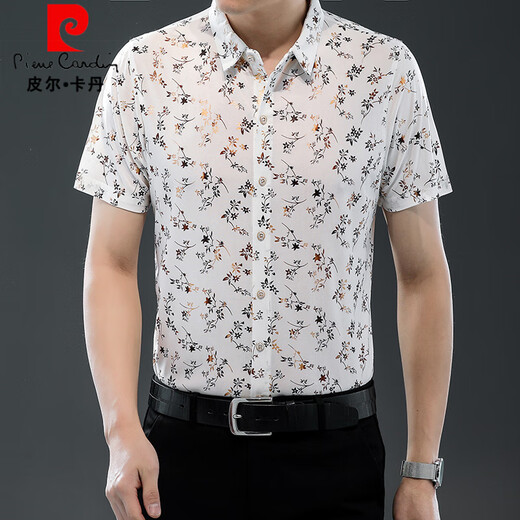 Pierre Cardin 25 Sommer neue Männer kurzärmelige Hemd Ice Seide dünne bedruckte Hemdmodet Trend Casual Dad Top 508 Weiß M 165