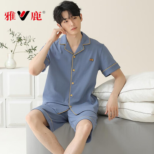 雅鹿睡衣男2025夏季纯棉短袖短裤开衫薄款大码纯色休闲家居服套装 蓝绿色12801 2XL 【建议140-160斤穿】