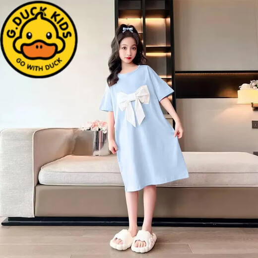 G.DUCKKIDS女童夏季冰丝睡裙公主风短袖薄款睡衣中大童女孩初中生宽松家居服 753 杏色短袖大蝴蝶结裙 160 cm 建议150-160cm10-12岁