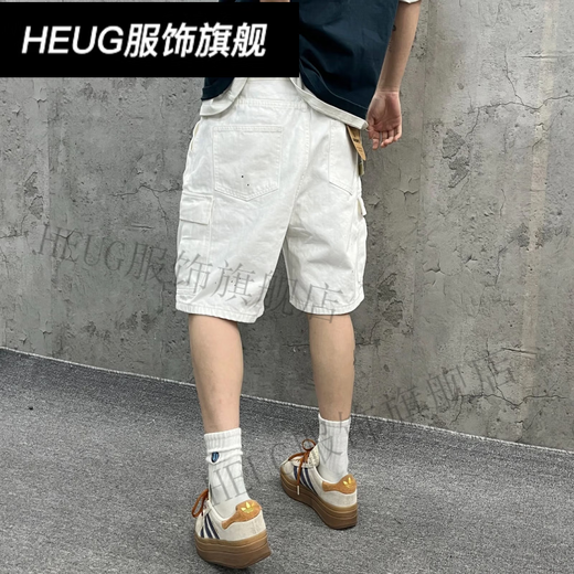 HEUG尹小鸡 重磅水洗宽松工装大口袋白色竹节牛仔短裤五分裤男女 1049 白色 S