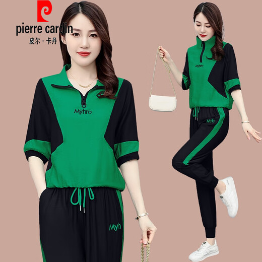 Pierre Cardin Ice Silk Casual Anzug für Frauen 2025 SOMMER NEW LOSS LOOSS Großversion Frauenmodische altersreduzierende kurzärmelige Sportbekleidung (1389) Weiße M (Empfohlene 100 Jin [Jin gleich 0,5 kg] oder weniger)