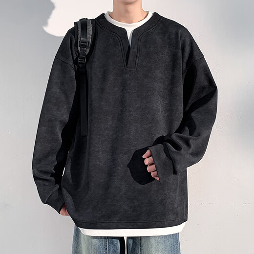 Pull-back sweatshirt for men, spring and autumn holiday two-piece long-sleeved top, American Henry collar bottoming shirt, retro casual jacket, black XL, height 170-180, weight 130-145