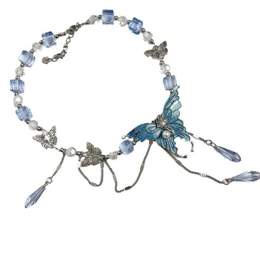 Forest style blue crystal butterfly pendant necklace for women, light luxury and super fairy, high-end sweet and cool necklace gift box for girlfriend Blue crystal butterfly necklace, gift box for girlfriend