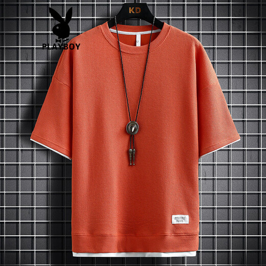 Playboy (Playboy) Herren-T-Shirt Kurzschlärmer Sommer Neues Stil FAKE TECHWAHL RUND HALKLOSE LOSSE HALFELETE T-SHIRT T-SHIRT WAFFLE CLASSIGE TOP 3880 GRÜN XL