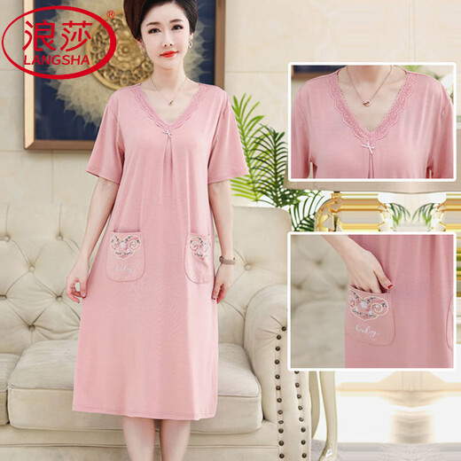 LangSha nightgown for women in summer short-sleeved cool feeling modal thin cotton silk mother loose long dress for mothers Y9905 L [recommended %7E120Jin [Jin equals 0.5 kg] wear]