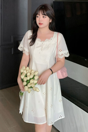 Slightly fat mm solid color temperament lace edge square collar dress for women 200 Jin [Jin equals 0.5 kg] plus size small belly-covering skirt 1391 picture color XL 120-140 Jin [Jin equals 0.5 kg]