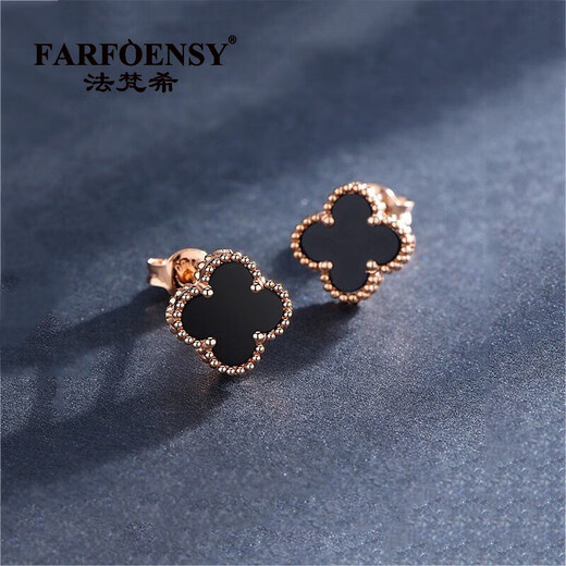 Fafanxi brand 18K color gold four-leaf clover earrings new fashion ear buckle earrings rose gold earrings for women Christmas gift four-leaf clover black agate 12MM