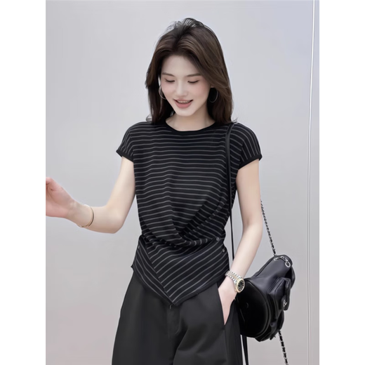 White ice silk knitted short-sleeved T-shirt for women 2025 new summer hot style irregular waist-hugging vest top White high-quality version One size 80-140Jin [Jin equals 0.5 kg] can be worn