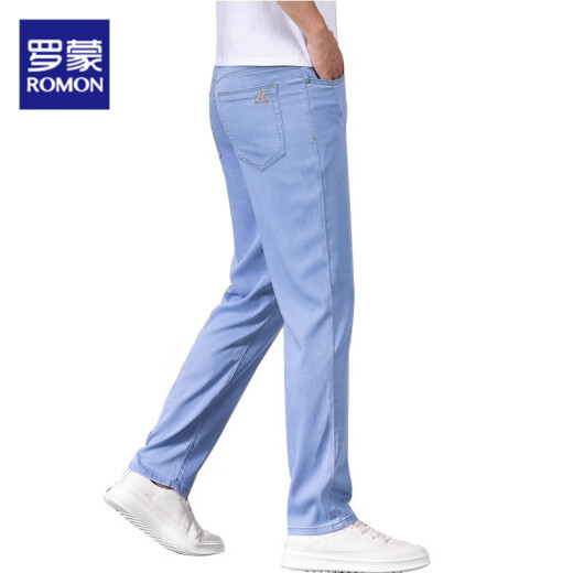 
Romon high-end light blue ice silk jeans men's summer thin tensile straight men's pants new summer pants men's casual light blue 9767 29