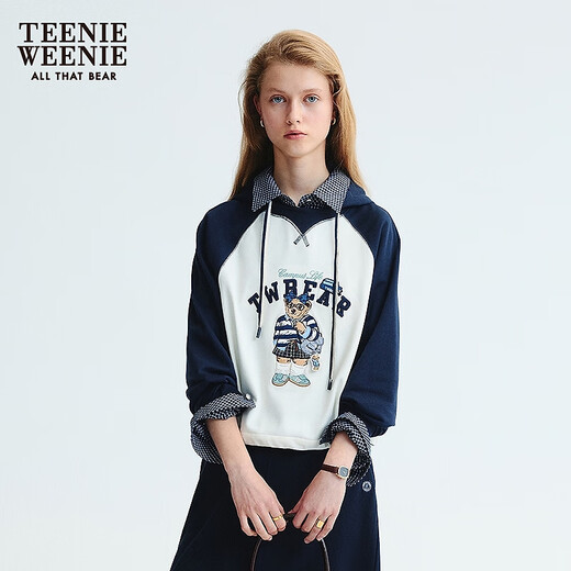 Teenie Weenie小熊女装卫衣2025秋季新款萌趣大熊拼色短款连帽外套 藏青色 S