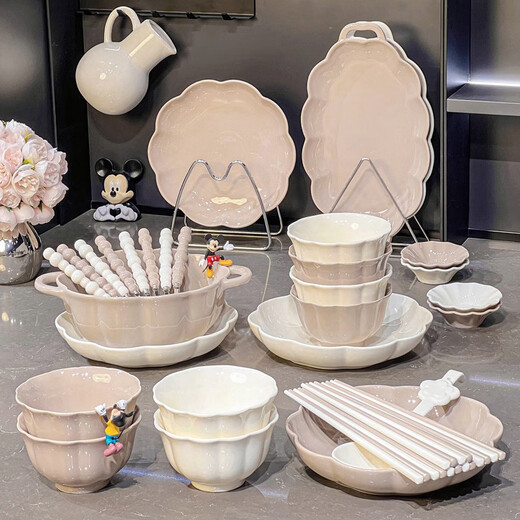 颂家感碗碟套装家用陶瓷盘子釉下彩餐具碗盘轻奢米饭碗碗具 描金款4-6人食礼盒装1355